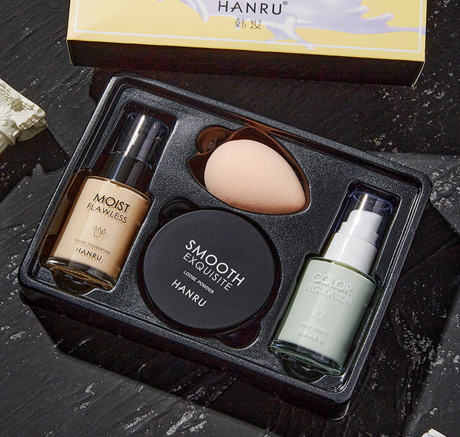 Hanru 4-piece makeup kit BB cream & isolation base & loose powder & beauty sponge