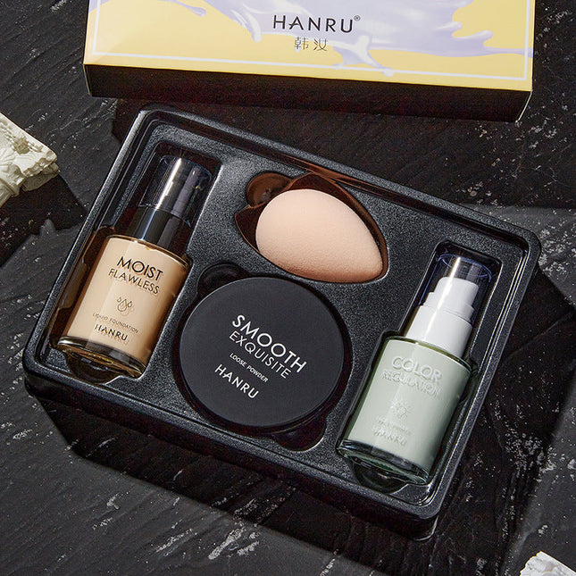 Hanru 4-piece makeup kit BB cream & isolation base & loose powder & beauty sponge