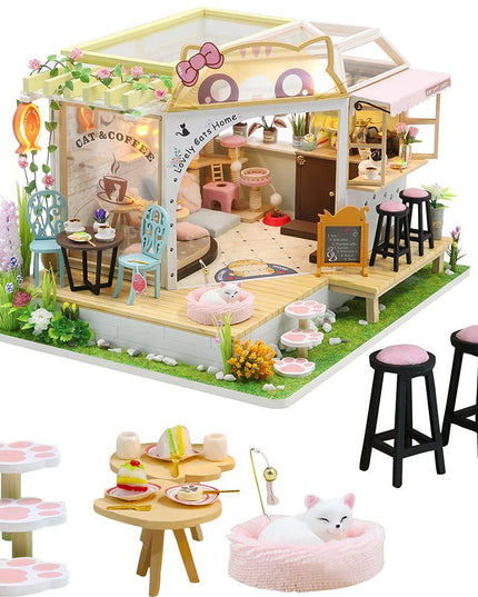DIY Cat Café Miniature Wooden Dollhouse Kit