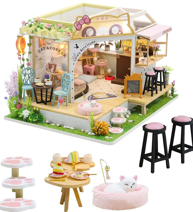 DIY Cat Café Miniature Wooden Dollhouse Kit