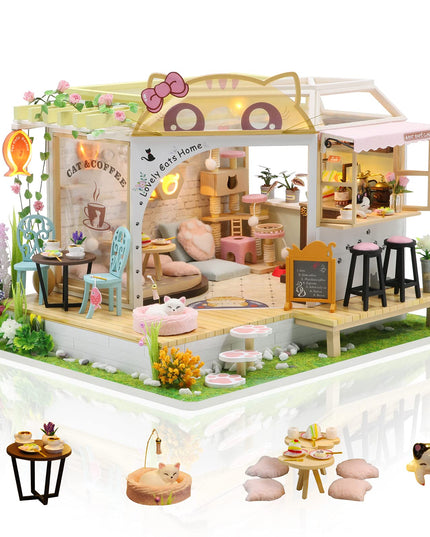 DIY Cat Café Miniature Wooden Dollhouse Kit