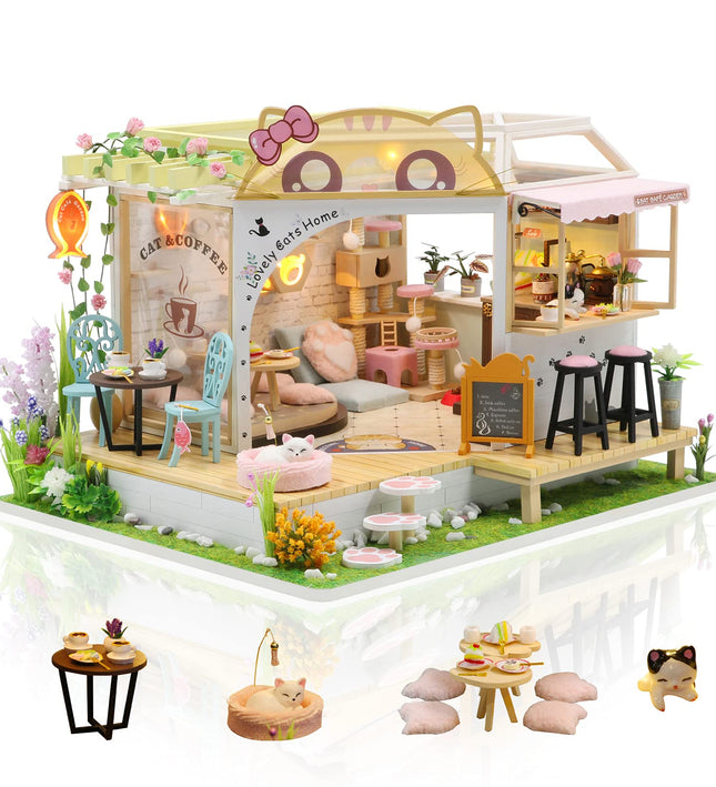 DIY Cat Café Miniature Wooden Dollhouse Kit