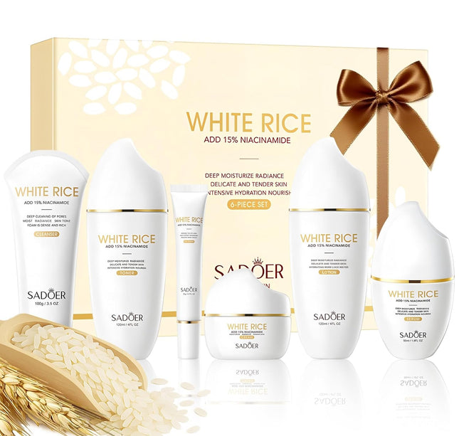 SADOER Rice Niacinamide Skincare Set - 6 Piece Firming Skincare Kit