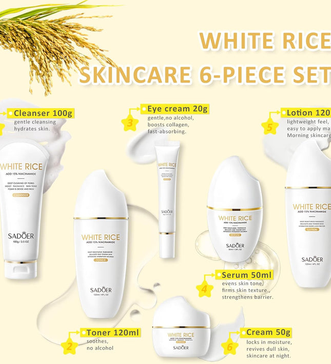 SADOER Rice Niacinamide Skincare Set - 6 Piece Firming Skincare Kit