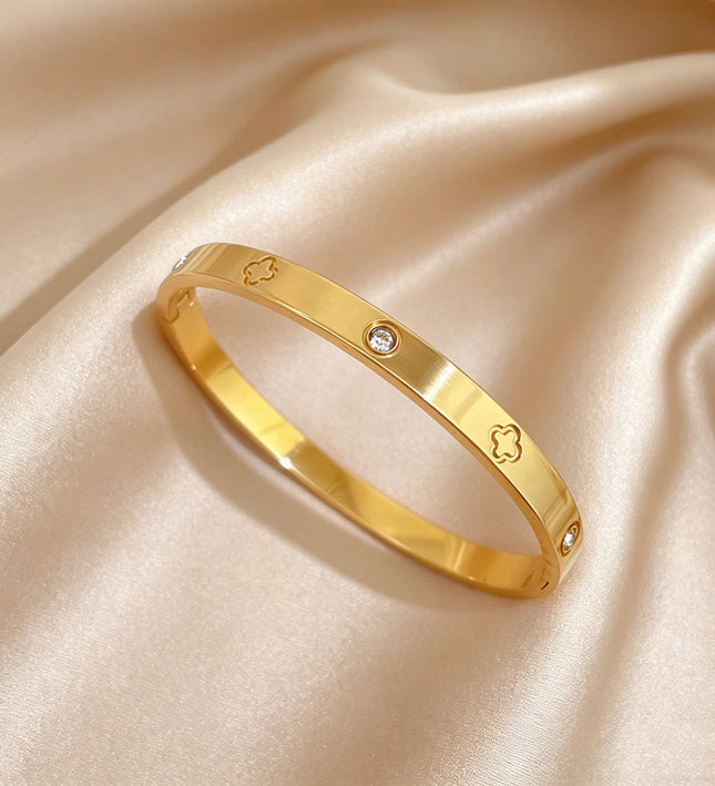 Lucky Clover Gold Crystal Bangle Bracelet