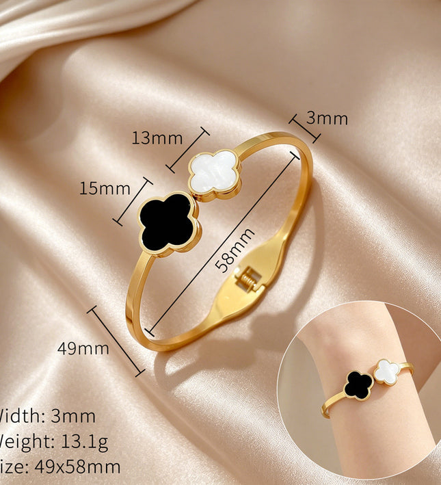 Midnight & Pearl Clover Gold Bangle Bracelet