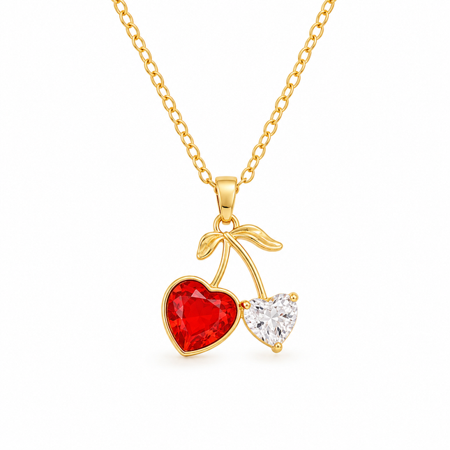 Cherry Heart Gold Crystal Necklace