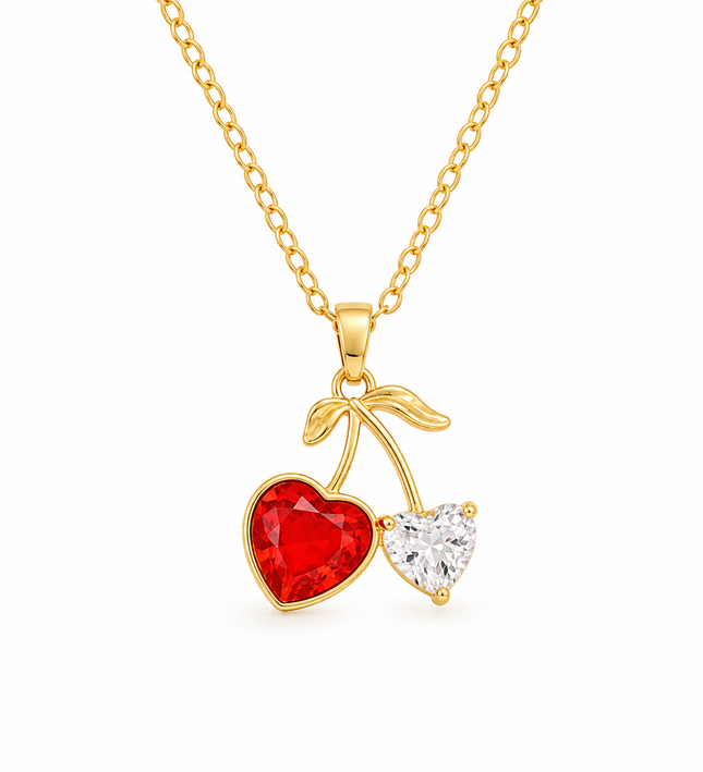Cherry Heart Gold Crystal Necklace
