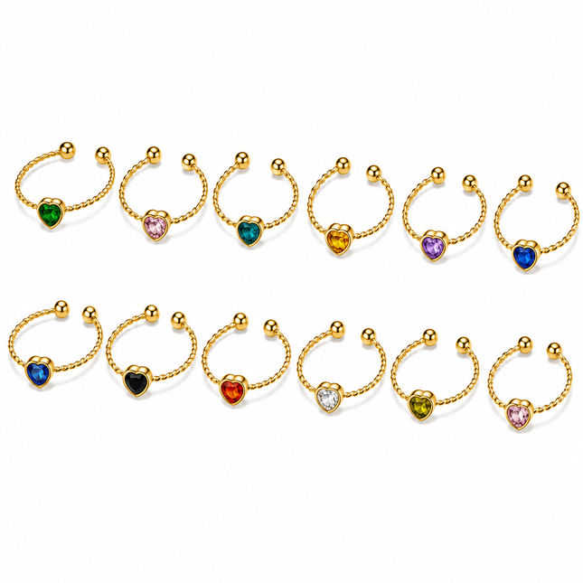 Heart Birthstone Gold Crystal Adjustable Ring