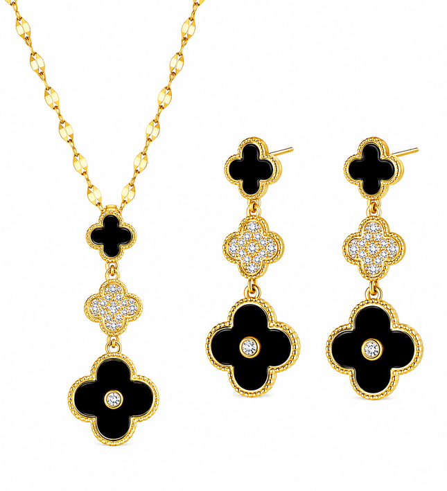 Midnight Clover Gold Necklace & Earrings Set