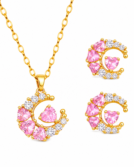 Pink Celestia Gold Crystal Necklace & Earrings Set