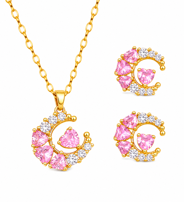 Pink Celestia Gold Crystal Necklace & Earrings Set