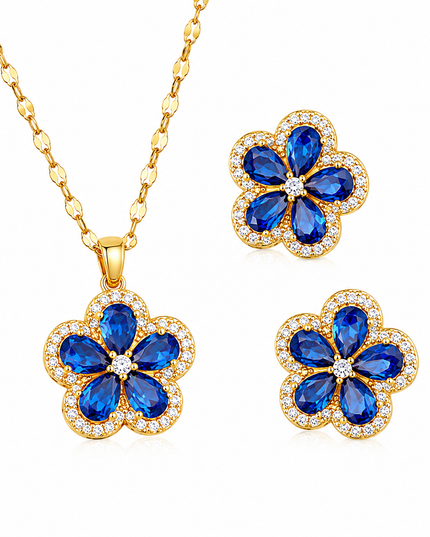 Sapphire Blossom Gold Crystal Necklace & Earrings Set