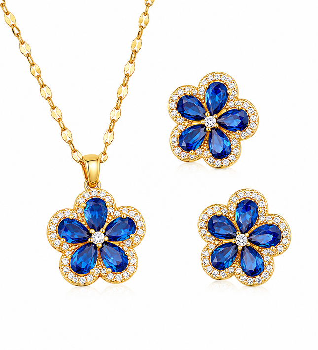 Sapphire Blossom Gold Crystal Necklace & Earrings Set