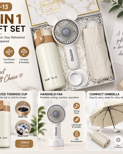 3-in-1 White Gift Set – Insulated Drink Bottle + Handheld Fan + Compact Umbrella