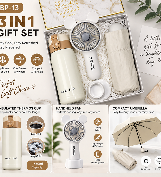 3-in-1 White Gift Set – Insulated Drink Bottle + Handheld Fan + Compact Umbrella