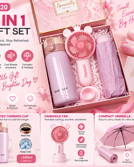 3-in-1 Pink Gift Set – Insulated Drink Bottle + Handheld Fan + Compact Umbrella