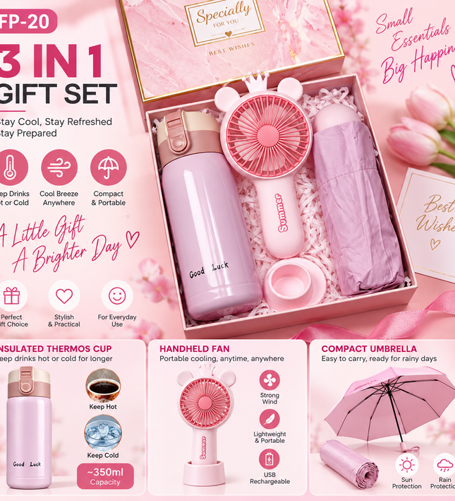3-in-1 Pink Gift Set – Insulated Drink Bottle + Handheld Fan + Compact Umbrella