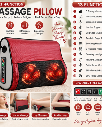 Multi-Function Heated Massage Pillow – Deep Kneading Neck, Back & Body Massager
