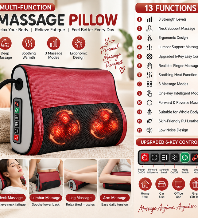 Multi-Function Heated Massage Pillow – Deep Kneading Neck, Back & Body Massager