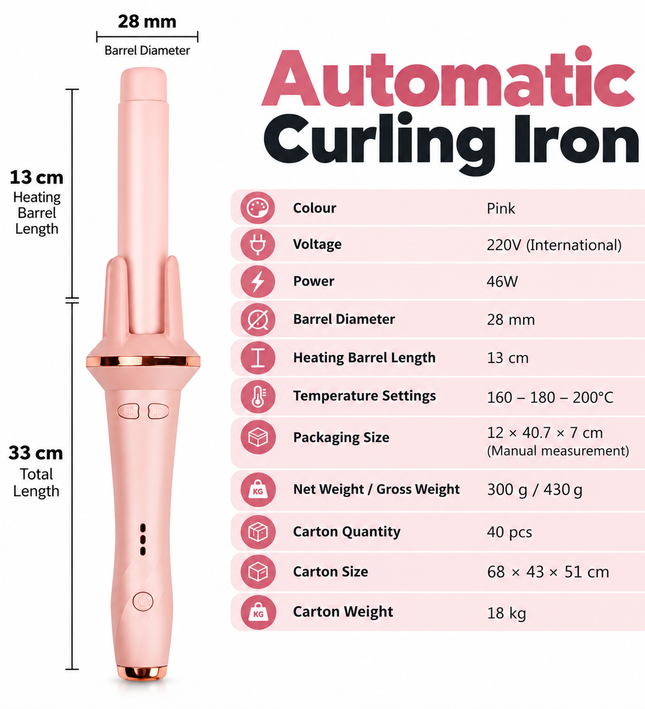 Automatic Easy Curling Iron PINK – 28mm Large Barrel