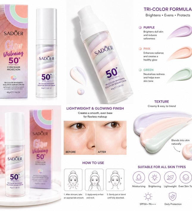 SADOER Glow Whitening Tri-Color Isolation Serum Cream SPF50+ – 45g