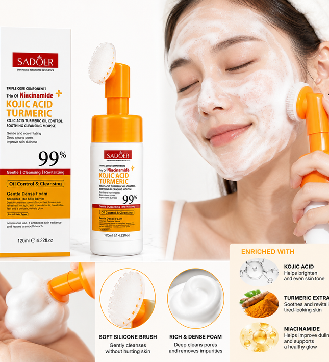 SADOER Kojic Acid Turmeric Cleansing Mousse with Silicone Brush 120ml