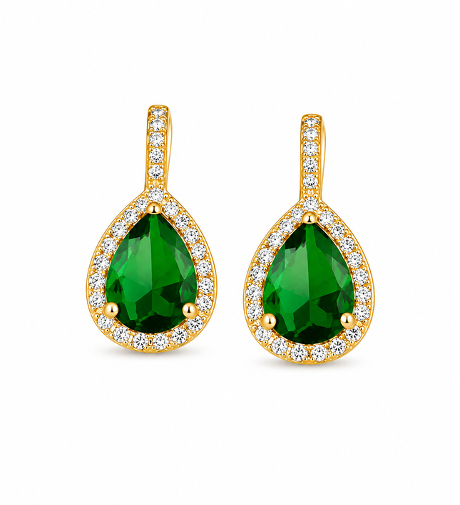 Emerald Teardrop Gold Crystal Earrings