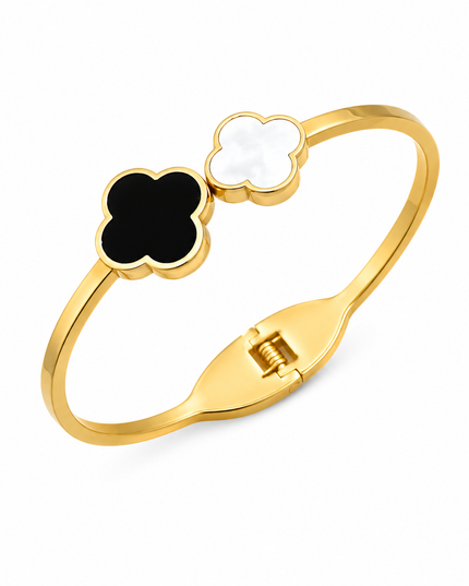 Midnight & Pearl Clover Gold Bangle Bracelet
