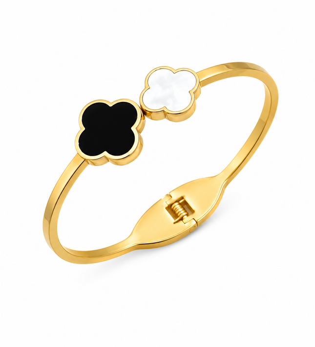 Midnight & Pearl Clover Gold Bangle Bracelet