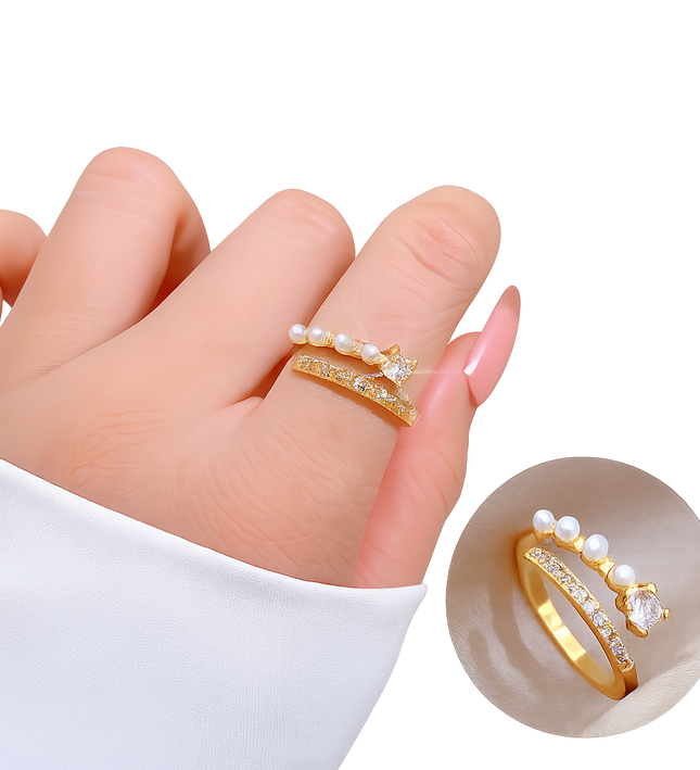 Pearl Grace Gold Crystal Adjustable Ring