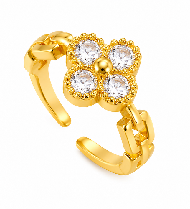 Celestia Clover Gold Crystal Adjustable Ring