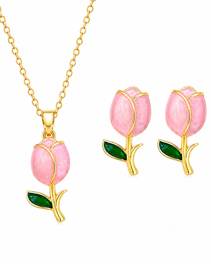 Blush Tulip Gold Necklace & Earrings Set