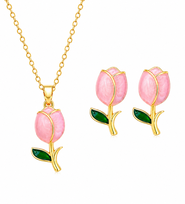 Blush Tulip Gold Necklace & Earrings Set