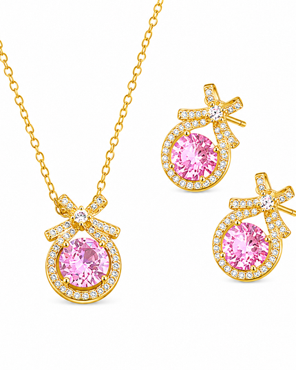 Rosabelle Pink Crystal Gold Necklace & Earrings Set