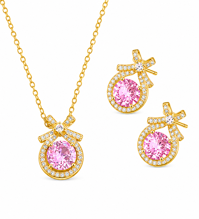 Rosabelle Pink Crystal Gold Necklace & Earrings Set
