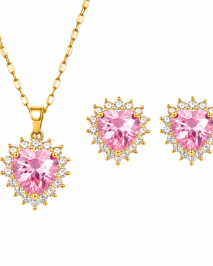 Sweetheart Pink Crystal Gold Necklace & Earrings Set