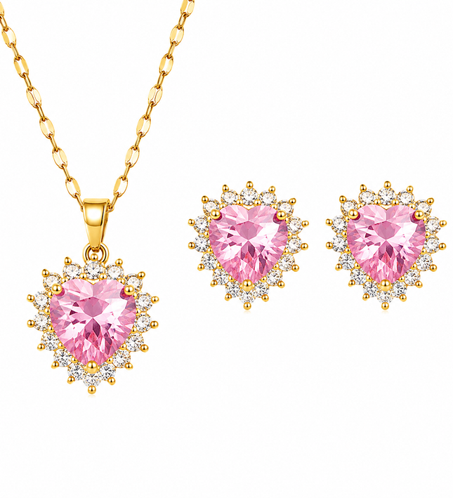 Sweetheart Pink Crystal Gold Necklace & Earrings Set