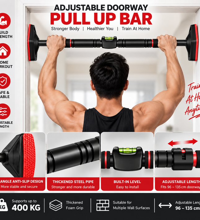 Adjustable Doorway Pull Up Bar – Heavy Duty Home Workout Bar 96–135cm
