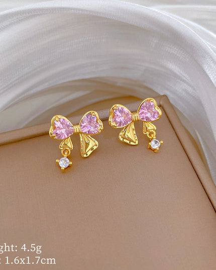 Pink Ribbon Gold Crystal Earrings