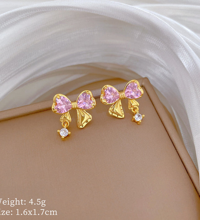 Pink Ribbon Gold Crystal Earrings