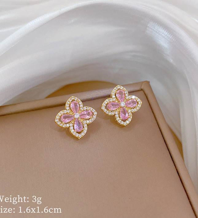 Pink Butterfly Blossom Gold Crystal Earrings