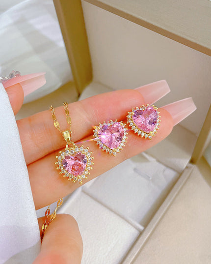 Sweetheart Pink Crystal Gold Necklace & Earrings Set