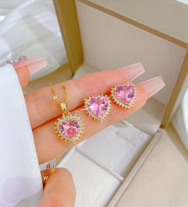 Sweetheart Pink Crystal Gold Necklace & Earrings Set