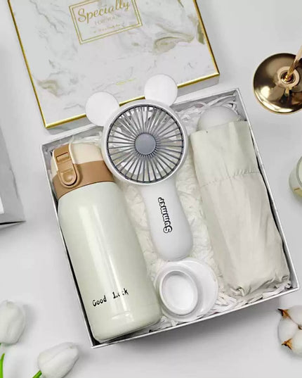 3-in-1 White Gift Set – Insulated Drink Bottle + Handheld Fan + Compact Umbrella