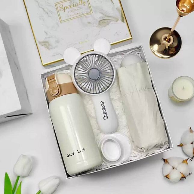 3-in-1 White Gift Set – Insulated Drink Bottle + Handheld Fan + Compact Umbrella