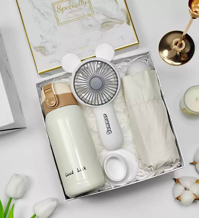3-in-1 White Gift Set – Insulated Drink Bottle + Handheld Fan + Compact Umbrella