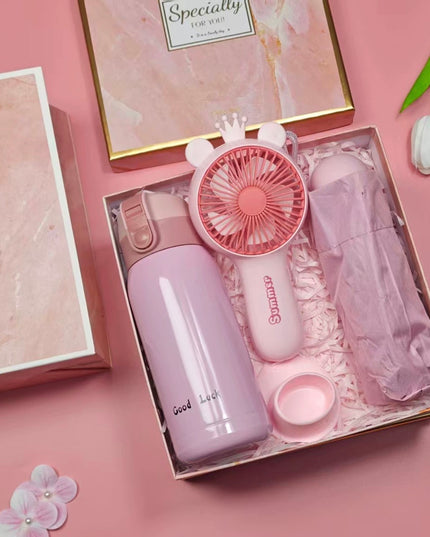 3-in-1 Pink Gift Set – Insulated Drink Bottle + Handheld Fan + Compact Umbrella