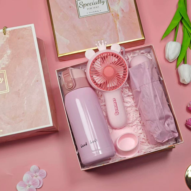 3-in-1 Pink Gift Set – Insulated Drink Bottle + Handheld Fan + Compact Umbrella