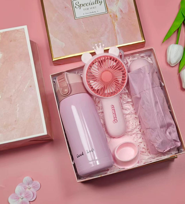 3-in-1 Pink Gift Set – Insulated Drink Bottle + Handheld Fan + Compact Umbrella